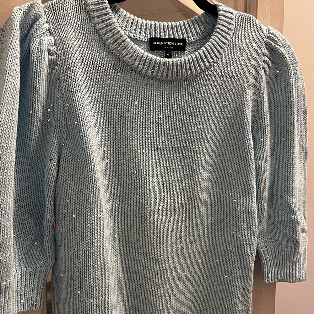 Generation Love Powder Blue Crew Neck Sweater with Puff Sleeves
